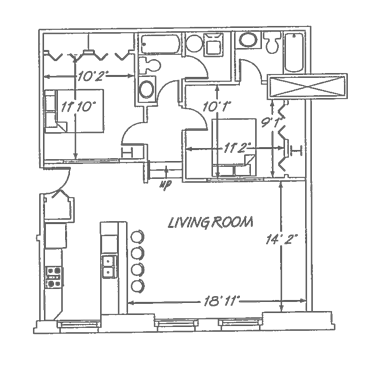 Floor plan for 2 beds, 2 baths, 973 sqft